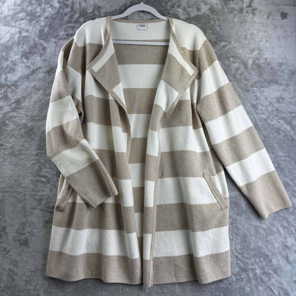 J.Crew Cardigan Coat Women XL Tan White Striped Open Front Knit Pockets (1744)